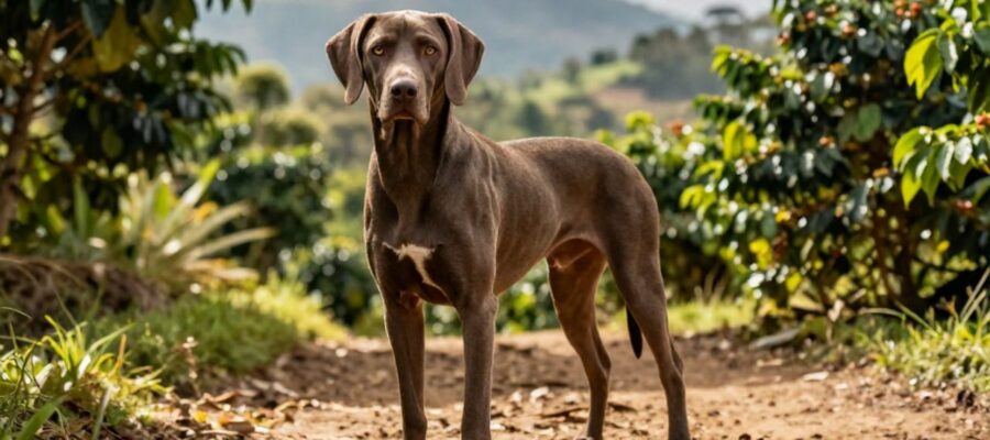 Sabueso fino colombiano de complexión robusta parado sobre un sendero en un cafetal tropical con montañas al fondo.
