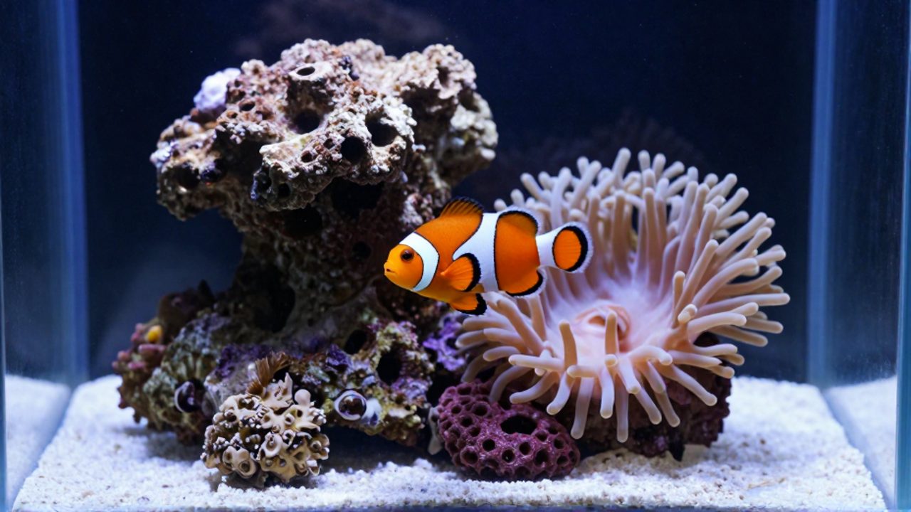 Pareja de peces payaso nadando junto a una anémona y rocas vivas en un acuario de agua salada preparado para la cría.