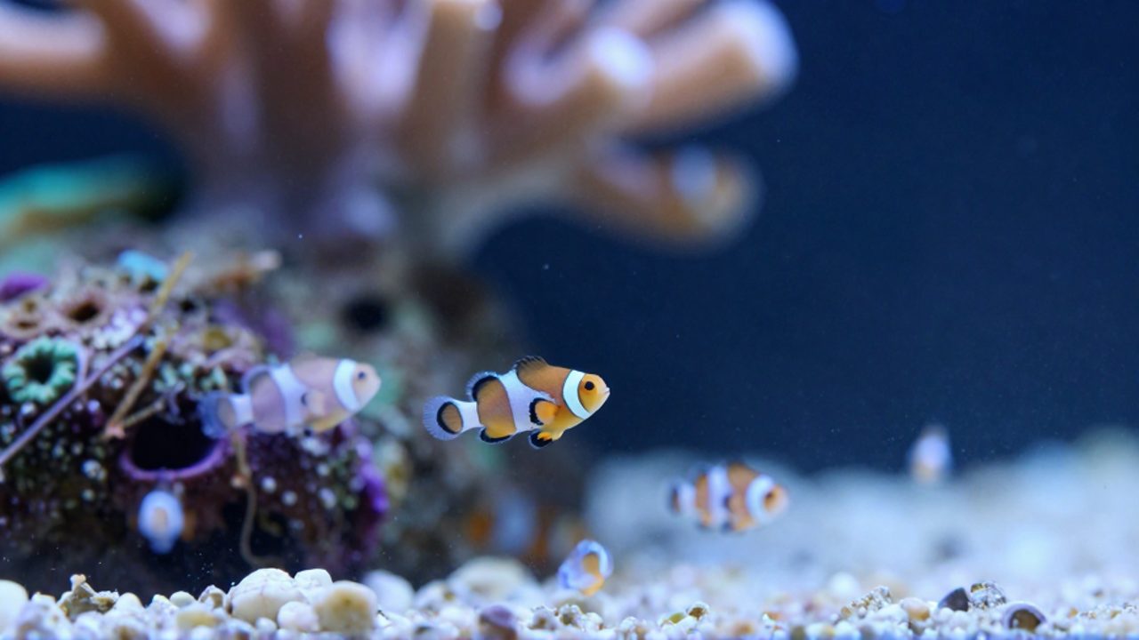 Larvas de pez payaso traslúcidas nadando cerca de la superficie de un coral en un acuario marino.