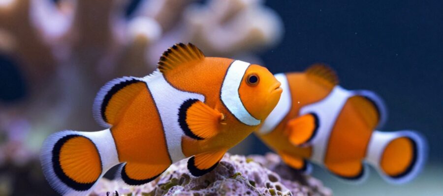 Pareja de peces payaso naranja con rayas blancas nadando juntos junto a una roca viva en un acuario de agua salada.