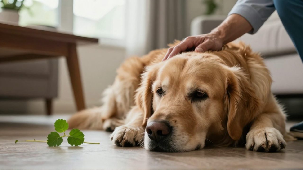Una mano acaricia a un perro Golden Retriever que se ve decaído y débil en el suelo de una sala, con unas hojas de epazote esparcidas cerca de una mesa al fondo.