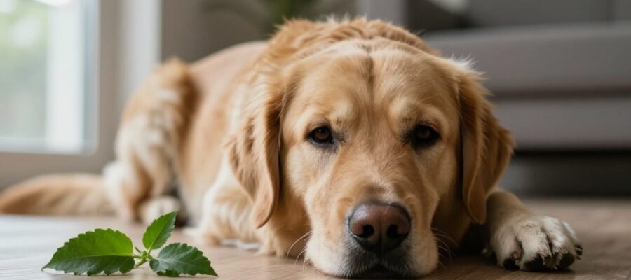 Perro de raza labrador con expresión cansada y cautelosa que descansa en una sala junto a unas hojas de epazote esparcidas en el suelo.