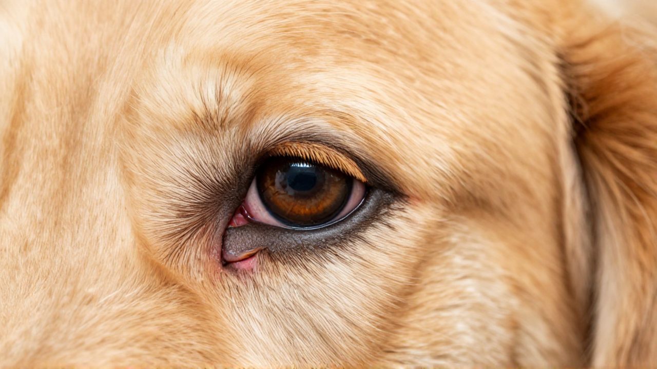 Primer plano del ojo de un perro Golden Retriever con enrojecimiento en los párpados y una leve secreción clara en el lagrimal.