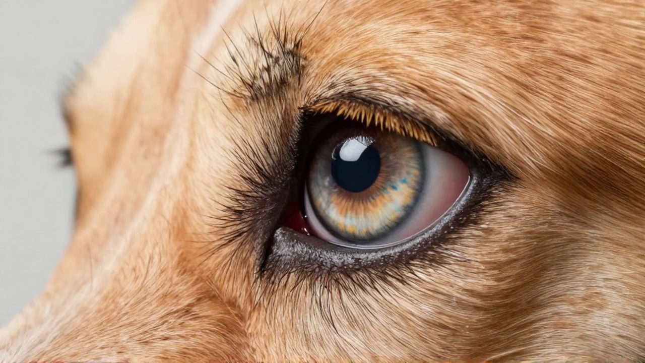 Primer plano detallado del ojo de un perro sano que muestra la textura del iris y la claridad de la córnea.