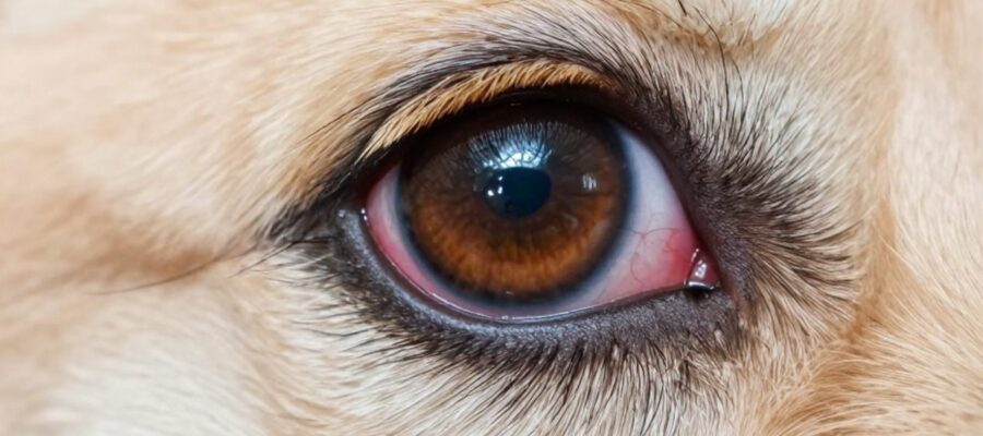 Primer plano del ojo de un perro con la zona de la conjuntiva ligeramente enrojecida y con aspecto húmedo.