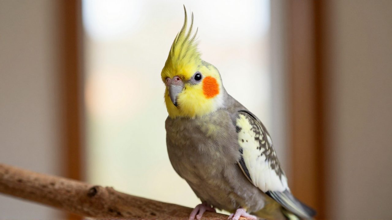 Una ninfa de plumaje amarillo y mejillas anaranjadas posada sobre una rama de madera con expresión curiosa.