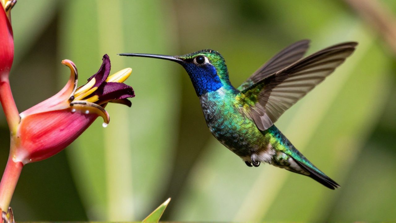 Colibrí con plumaje iridiscente verde y azul suspendido en el aire mientras introduce su largo pico en una flor tropical.