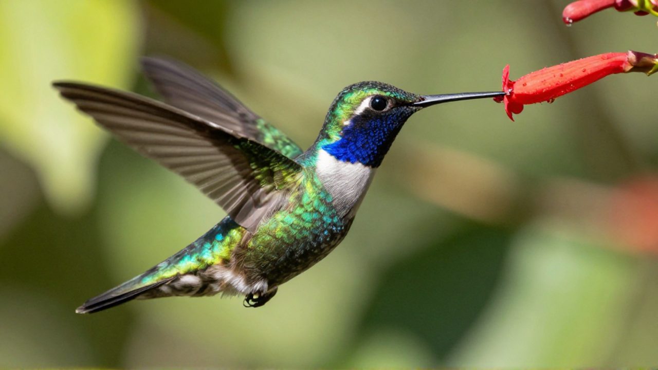 Colibrí de plumaje esmeralda y zafiro suspendido en el aire mientras se alimenta de una flor roja en un jardín.
