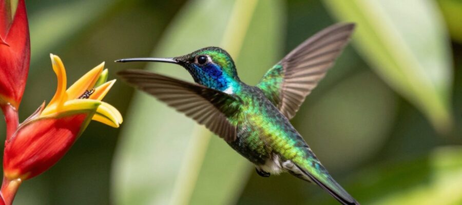 Colibrí de plumaje verde y azul esmeralda suspendido frente a una flor tropical roja en una selva densa.
