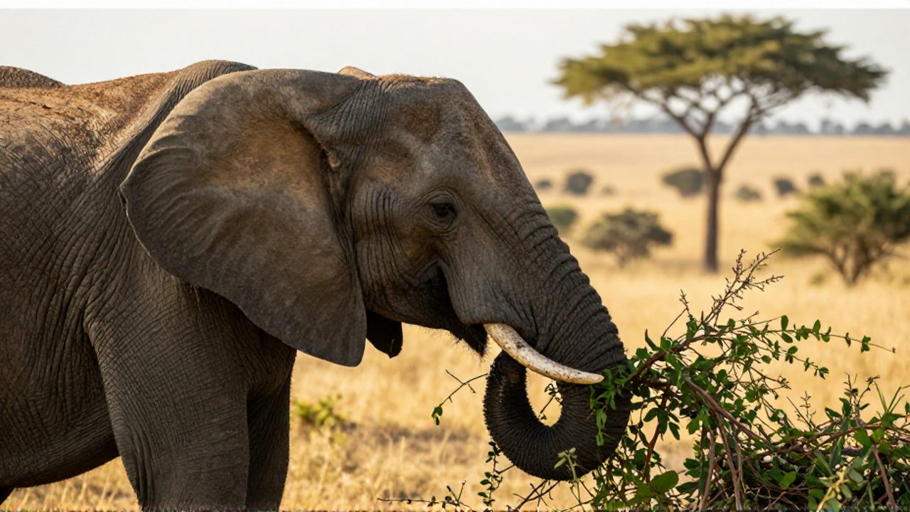 Elefante africano arrancando hojas de una rama de acacia con su trompa en la sabana.