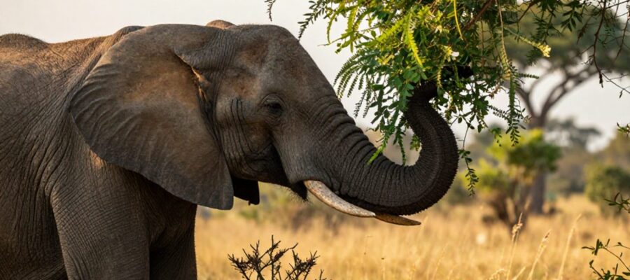 Primer plano de la trompa de un elefante africano recolectando hojas verdes de una rama de acacia en la sabana.