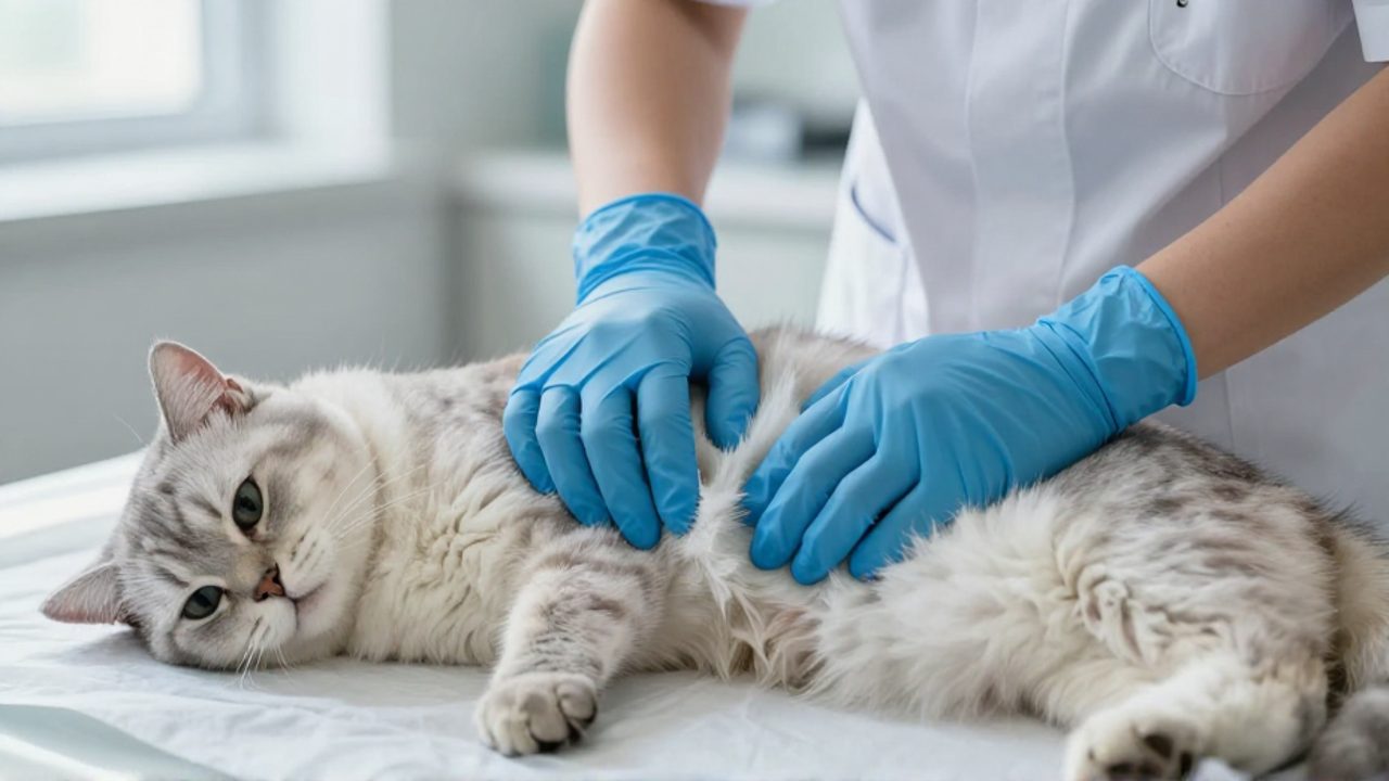 Un veterinario con guantes azules realiza una palpación abdominal para examinar a una gata sobre una mesa de exploración clínica.