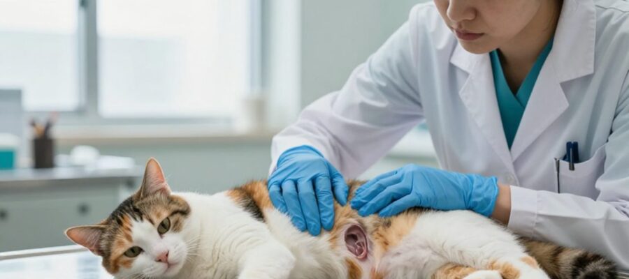Veterinaria con guantes azules realiza una palpación abdominal cuidadosa a una gata calicó para evaluar el estado del parto.