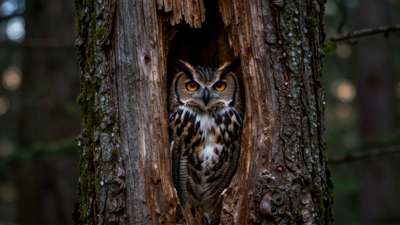 Un búho cornudo asoma sus ojos amarillos desde el interior de un hueco en el tronco de un árbol en un bosque denso.