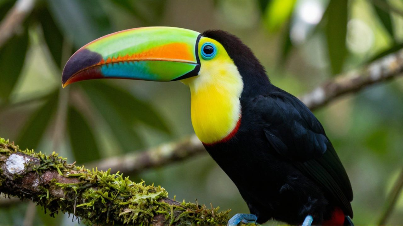 Tucán pico de quilla de plumaje negro y pico multicolor posado sobre una rama con musgo en la selva tropical.