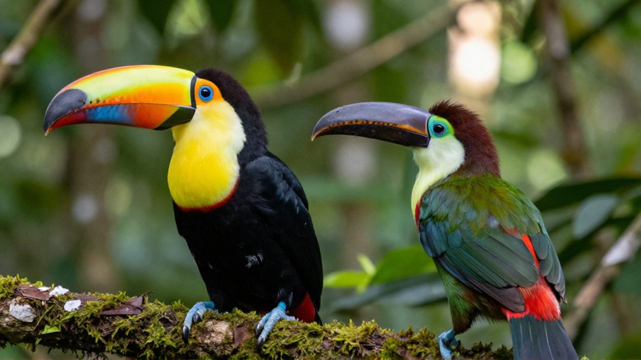 Dos especies de tucanes de distinto tamaño y plumaje posan lado a lado sobre una rama con musgo en la selva para comparar sus rasgos físicos.