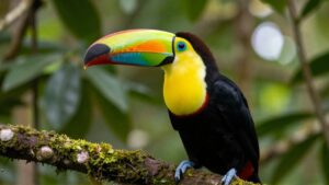 Primer plano de un tucán pico de arcoiris posado sobre una rama con musgo en una selva tropical.