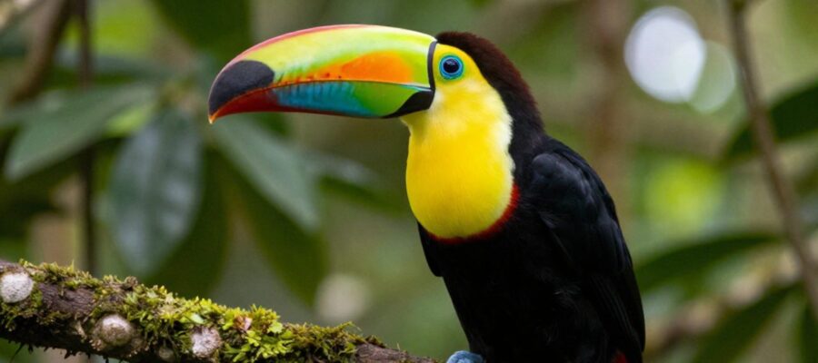 Primer plano de un tucán pico de arcoiris posado sobre una rama con musgo en una selva tropical.