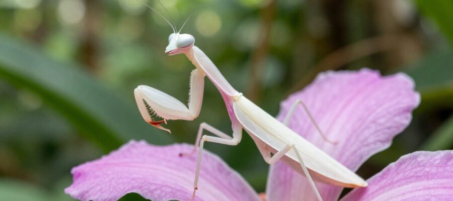 Mantis orquídea de colores blanco y rosa posada sobre una flor tropical para camuflarse entre la vegetación.
