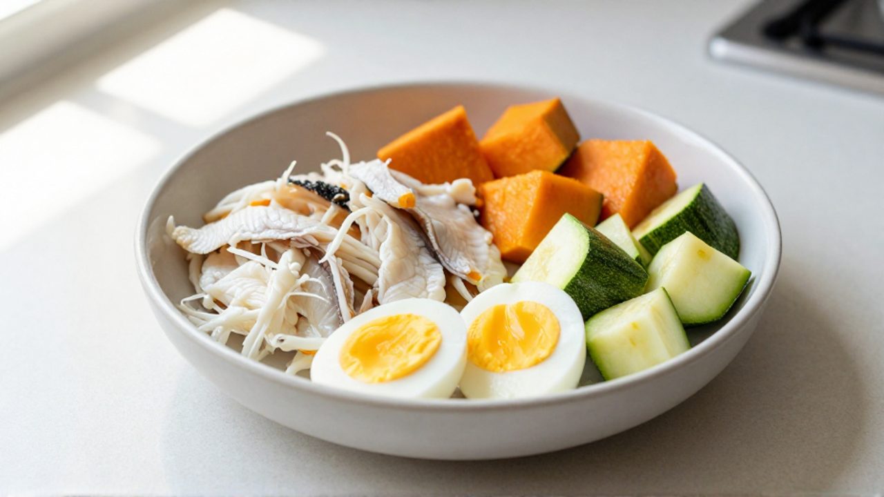 Un cuenco de cerámica con un plato de pescado blanco desmenuzado, claras de huevo, calabaza y calabacín troceado.