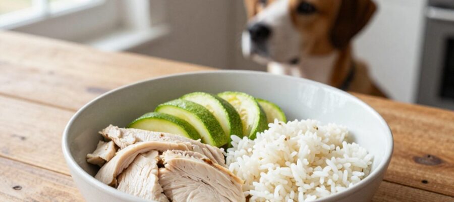 Un cuenco de cerámica con pollo hervido, calabacín al vapor y arroz blanco sobre una mesa de madera, con un perro esperando al fondo.