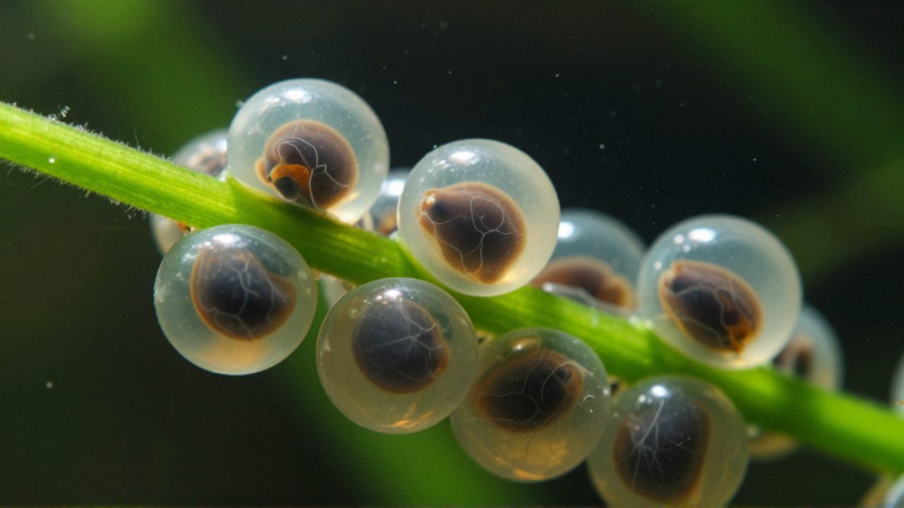Huevos de ajolote translúcidos con embriones en desarrollo adheridos al tallo de una planta acuática verde.