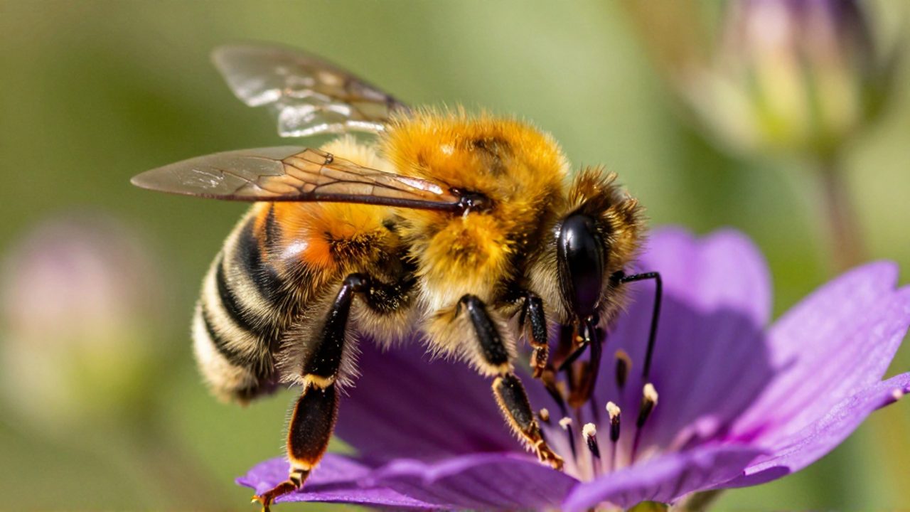 Primer plano de un abejorro con cuerpo velludo extrayendo néctar de una flor de pétalos morados mediante su larga probóscide.