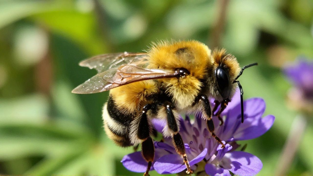 Abejorro de pelaje dorado y negro posado sobre una flor morada con las patas traseras cubiertas de polen.