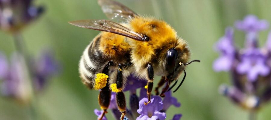 Abejorro con pelaje dorado y negro recolectando polen de una flor de lavanda morada.
