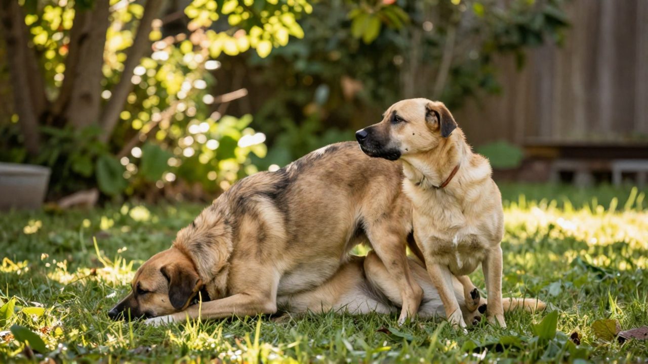 Dos perros domésticos permanecen unidos físicamente tras el apareamiento en un jardín de césped bajo la luz del día.