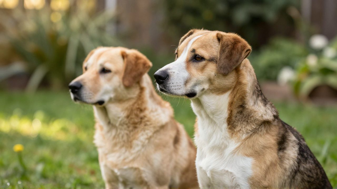 Dos perros, un macho y una hembra, sentados tranquilamente uno junto al otro sobre el césped de un jardín.