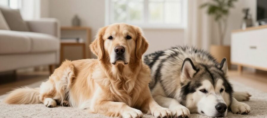 Un Golden Retriever y un Alaskan Malamute descansan juntos sobre una alfombra en una sala iluminada por el sol.