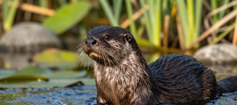 Una nutria de pelo oscuro y brillante emerge de un río en un humedal rodeada de vegetación acuática.