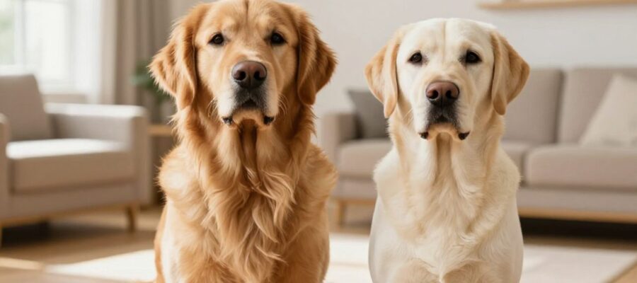 Un Golden Retriever de complexión robusta y una Labrador Retriever más esbelta sentados lado a lado en una sala iluminada.