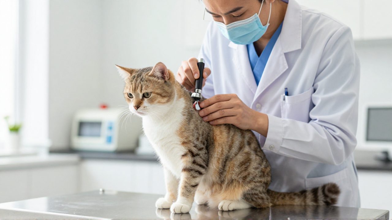 Un veterinario examina la piel de un gato con una lupa de mano sobre una mesa de exploración en una clínica.