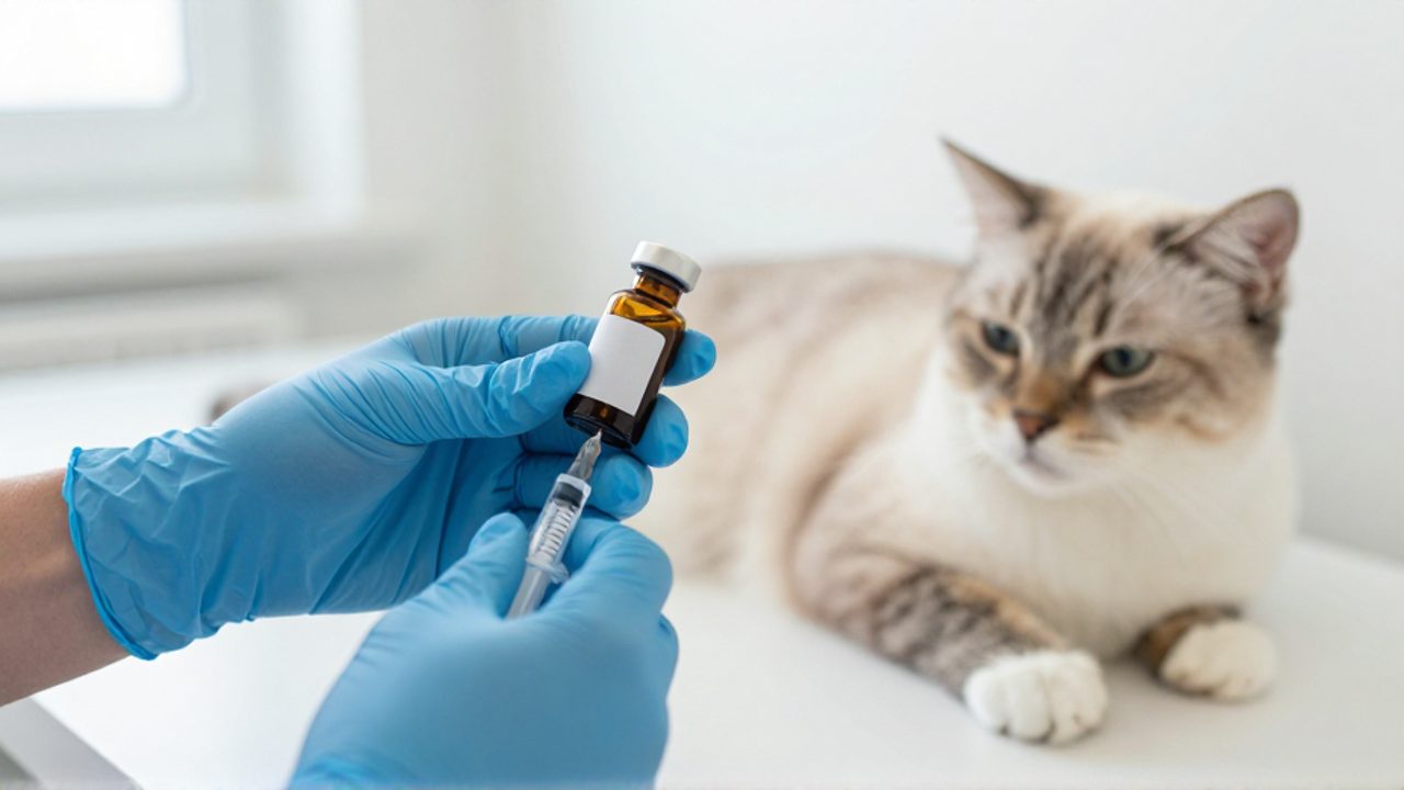 Manos de un veterinario con guantes azules sosteniendo un frasco de medicamento y una jeringa junto a un gato en una clínica.