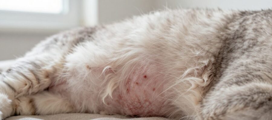 Primer plano de la piel de un gato que muestra enrojecimiento y pequeños bultos localizados en el pelaje.
