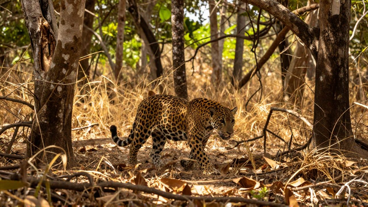 Un jaguar camina con cautela por el suelo de un bosque tropical seco compuesto por vegetación de tonos ocres y tierra seca.