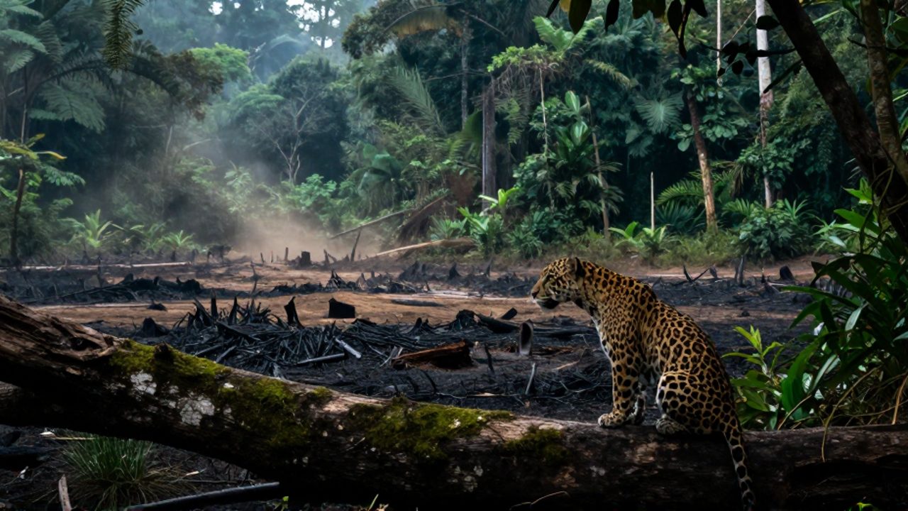 Un jaguar observa con alerta desde un tronco caído el contraste entre la selva tropical densa y una zona de tierra quemada y deforestada.