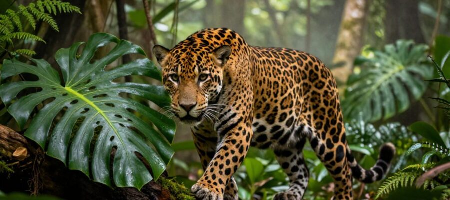 Un jaguar camina con sigilo sobre un tronco cubierto de musgo entre la densa vegetación de una selva tropical.