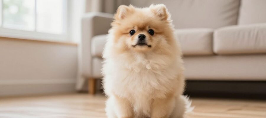 Un perro Pomerania esponjoso sentado en el suelo de una sala luminosa con una expresión curiosa y seria.