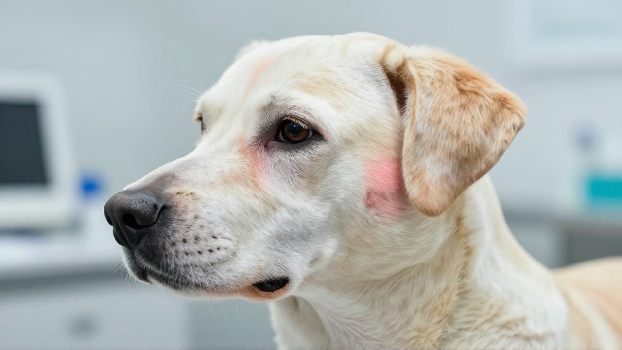 Primer plano del cuello de un perro que muestra una hinchazón pronunciada bajo la mandíbula y la zona de la oreja.