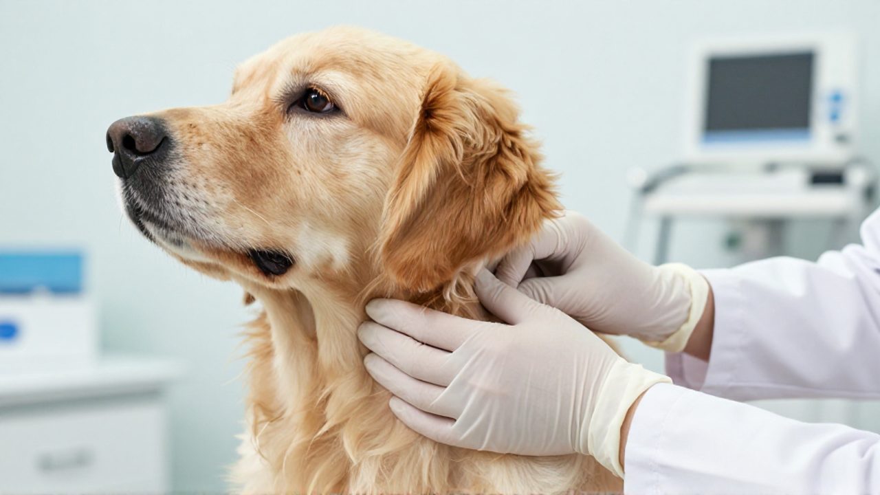 Un veterinario con guantes palpa con cuidado la zona debajo de la mandíbula de un perro golden retriever durante un examen clínico.
