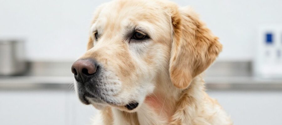 Primer plano de un perro con una ligera hinchazón bajo la mandíbula en una clínica veterinaria.