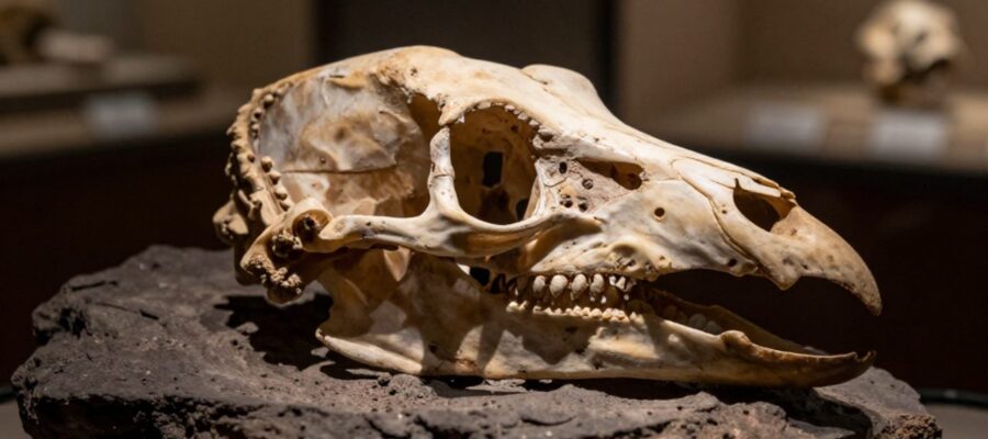 Fósil de un cráneo de ave prehistórica parcialmente incrustado en roca sedimentaria oscura.
