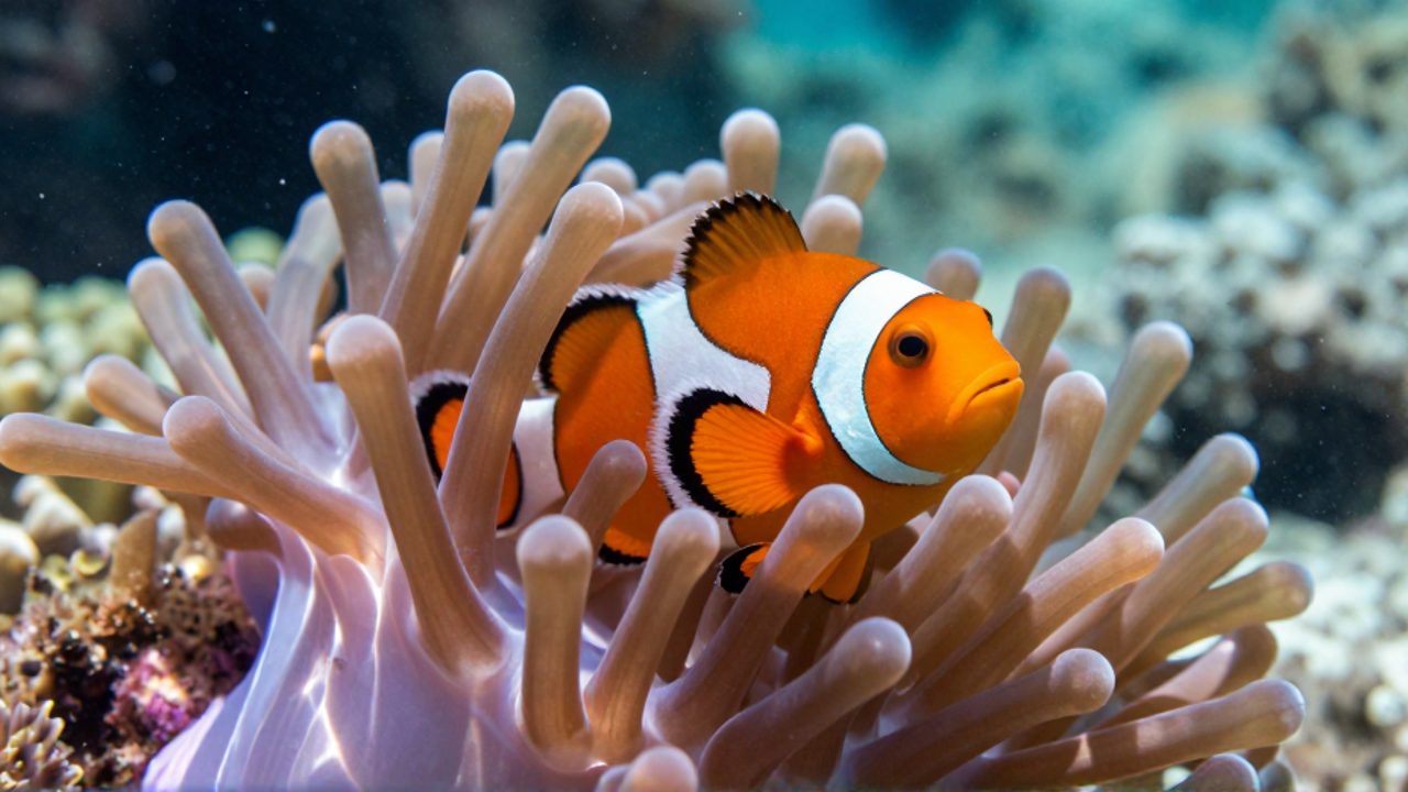 Pez payaso naranja con bandas blancas refugiado entre los tentáculos de una anémona en un arrecife de coral.