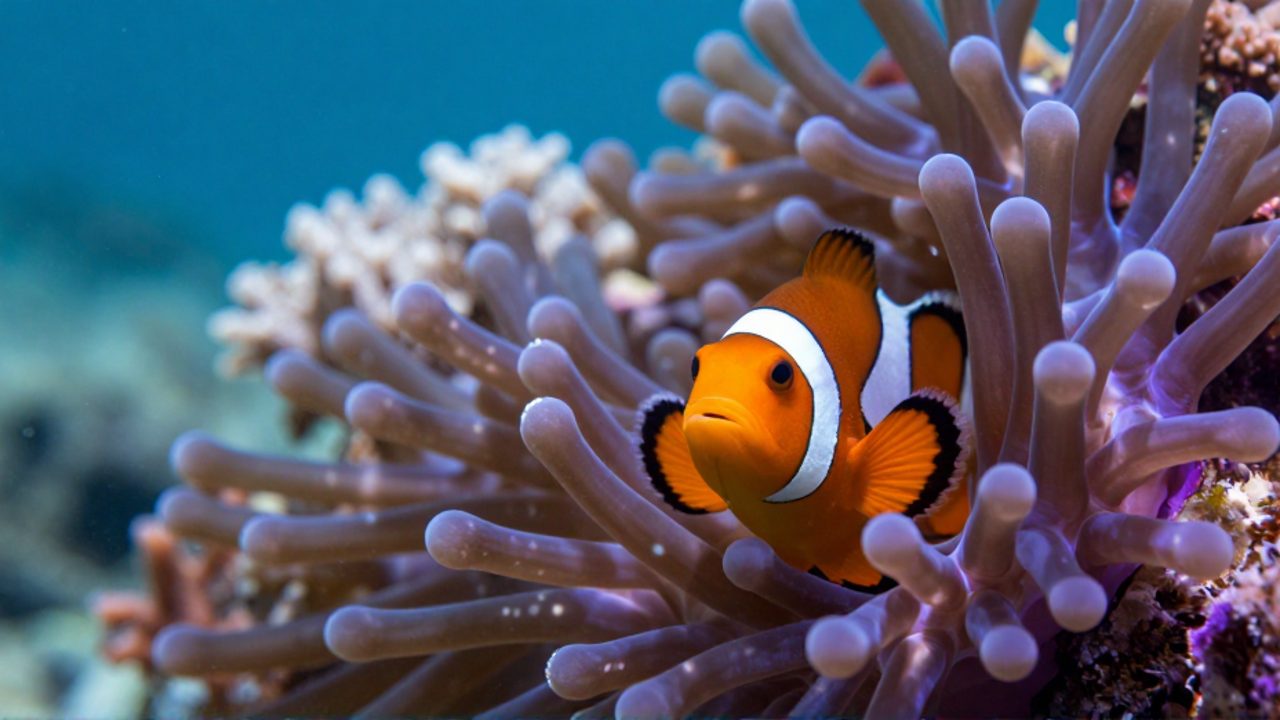 Un pez payaso naranja se refugia entre los tentáculos de una anemona en un arrecife de coral, con parte del fondo mostrando zonas de coral blanqueado.