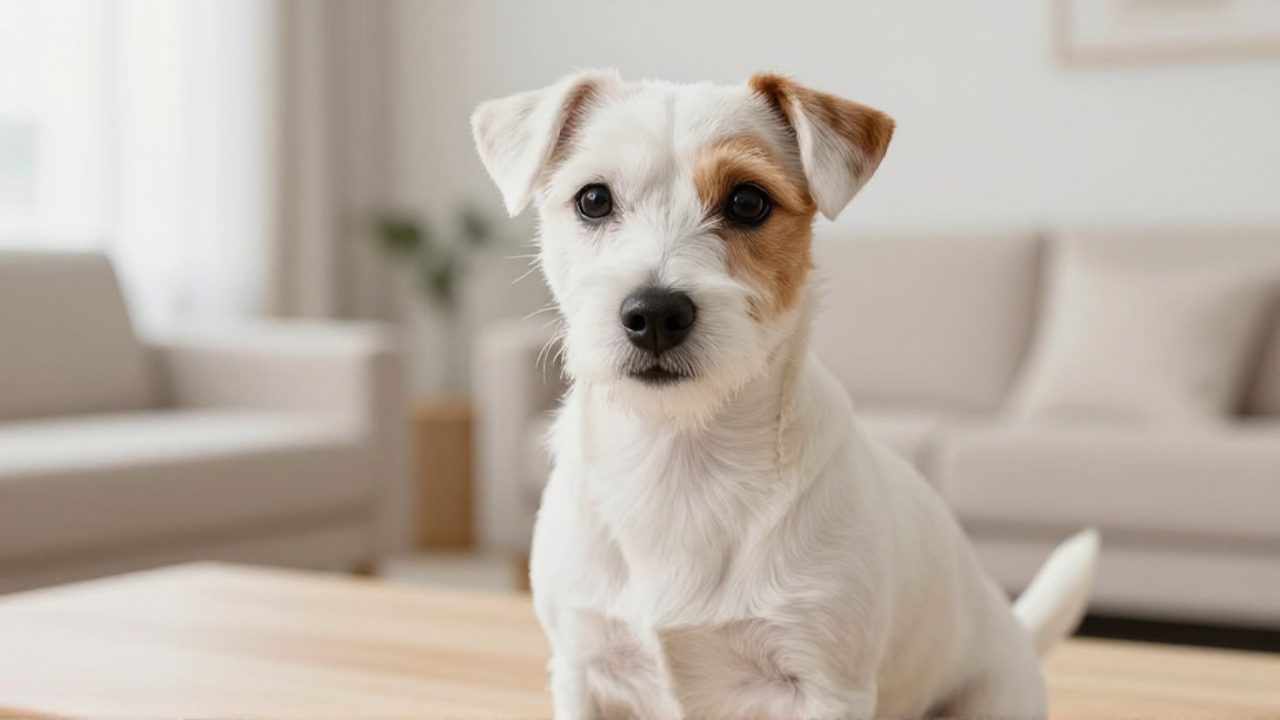Jack Russell Terrier de pelo blanco y corto sentado con expresión alerta en una sala luminosa.