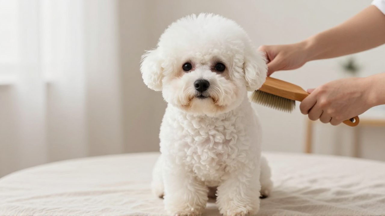 Un Bichón Frisé de pelo blanco y rizado sobre una superficie de lino mientras unas manos lo cepillan suavemente para su higiene.