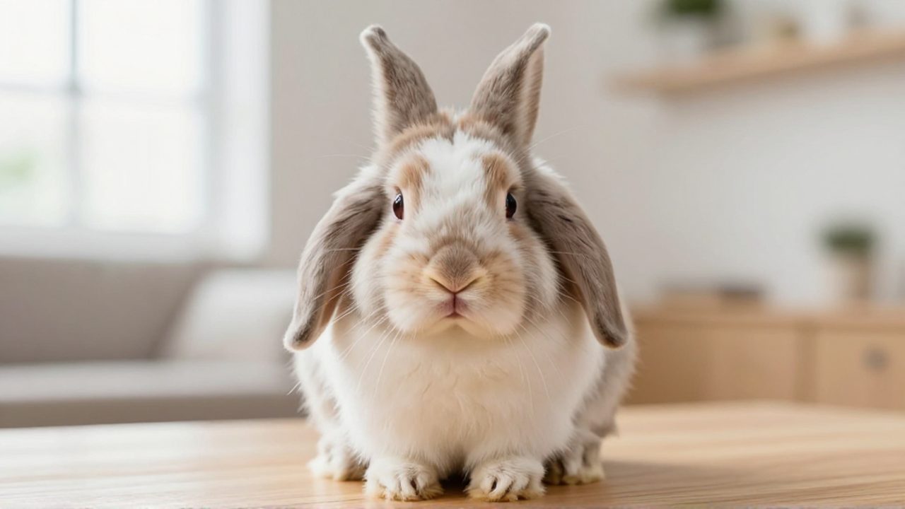 Conejo de raza Holland Lop con orejas caídas sobre una superficie de madera en un entorno doméstico luminoso.